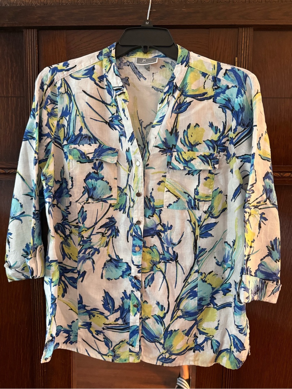 JM Collection 100% Linen Floral Button Down Shirt Coastal Cruise Resort Summer